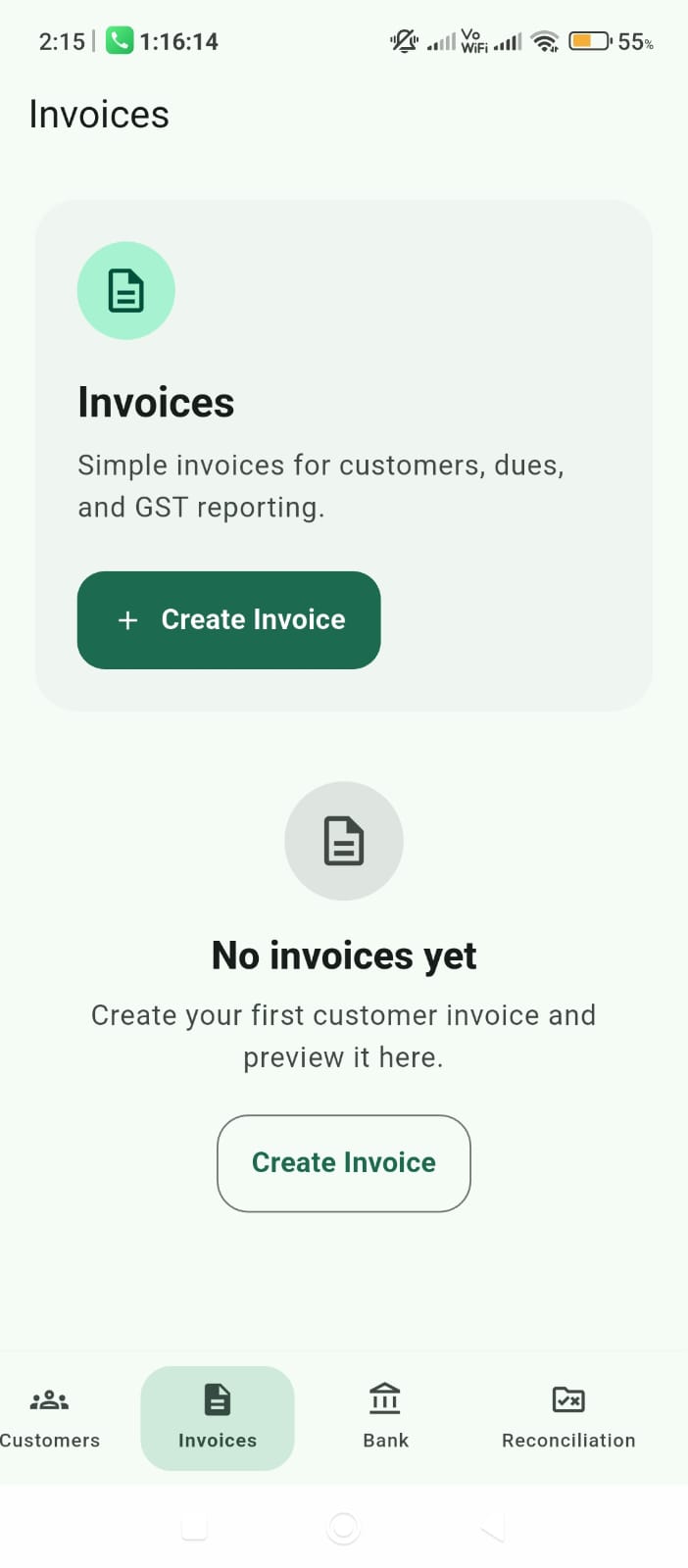 MB Hisab AI invoices screen with create invoice action