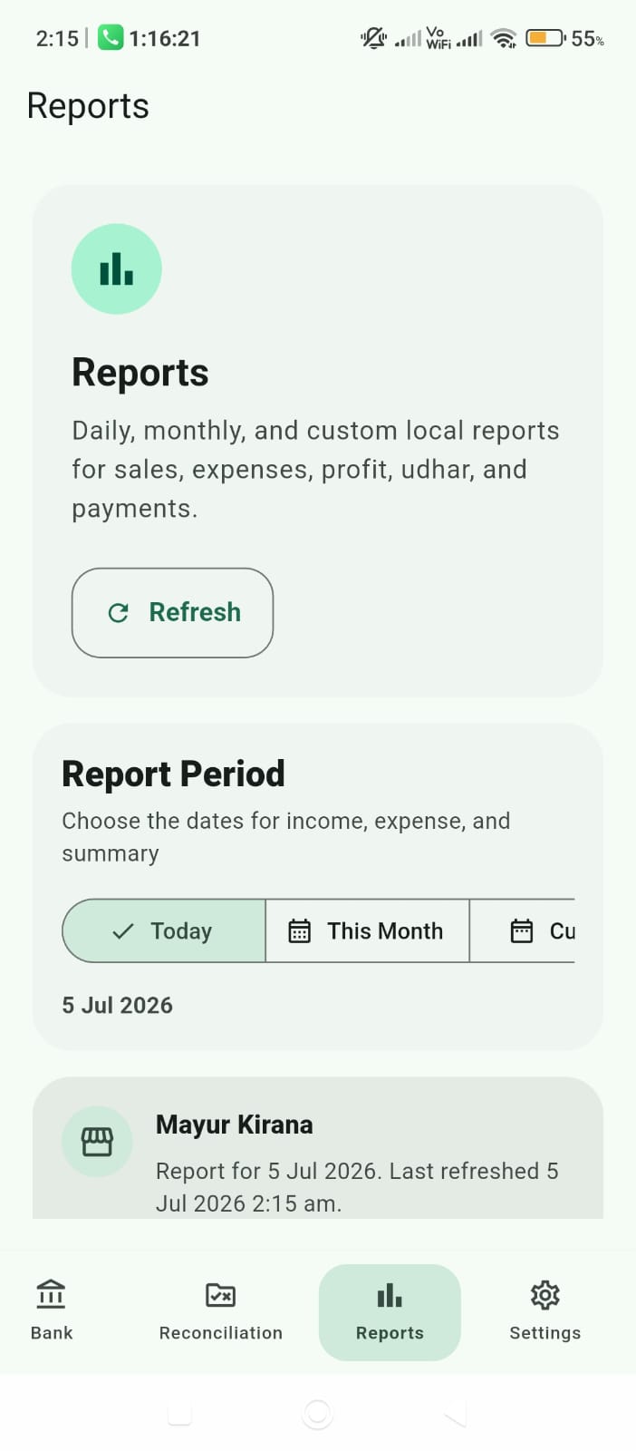 MB Hisab AI reports screen with period selector